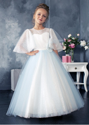 Cape Sleeves Ivory And Soft Blue Glitter Tulle Flower Girl Dress